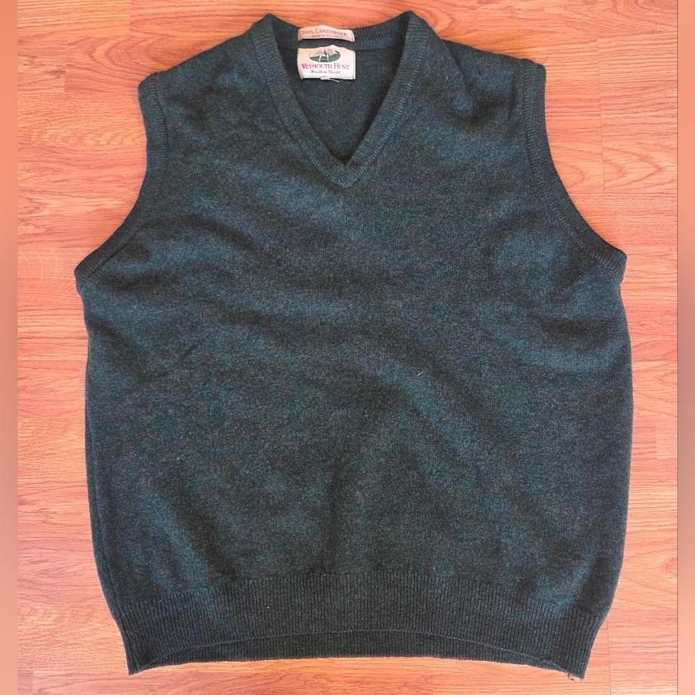 VTG 70s Weymouth Hunt Vest Knitters Guild XL Green 100% Lambswool Ireland Made